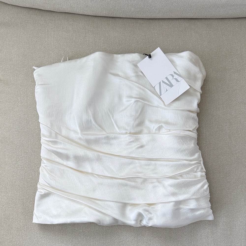 Zara Cream Strapless Ruched Satin Bustier Top